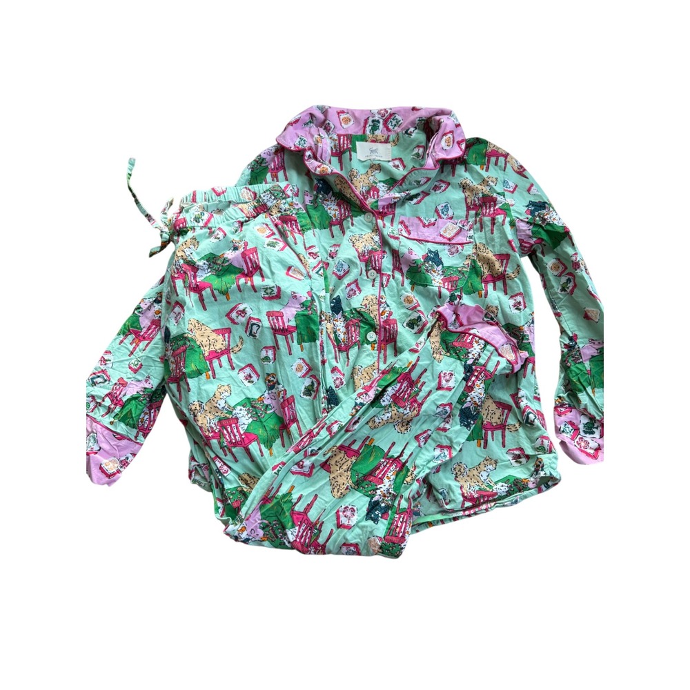 Printfresh Mahjong & Leopards Cotton Pajama Set Green Pink Womens Size Medium
